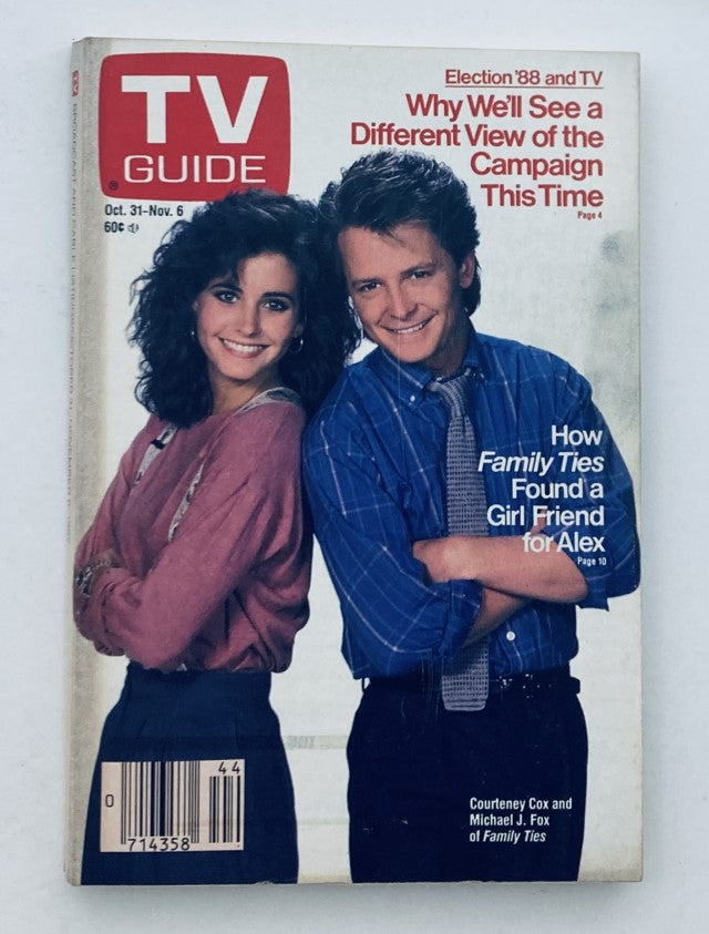 TV Guide Magazine October 31 1987 featuring Courteney Cox and Michael J. Fox on the cover, highlighting their roles in Family Ties. A vintage collectible representing pop culture of the late 80s.