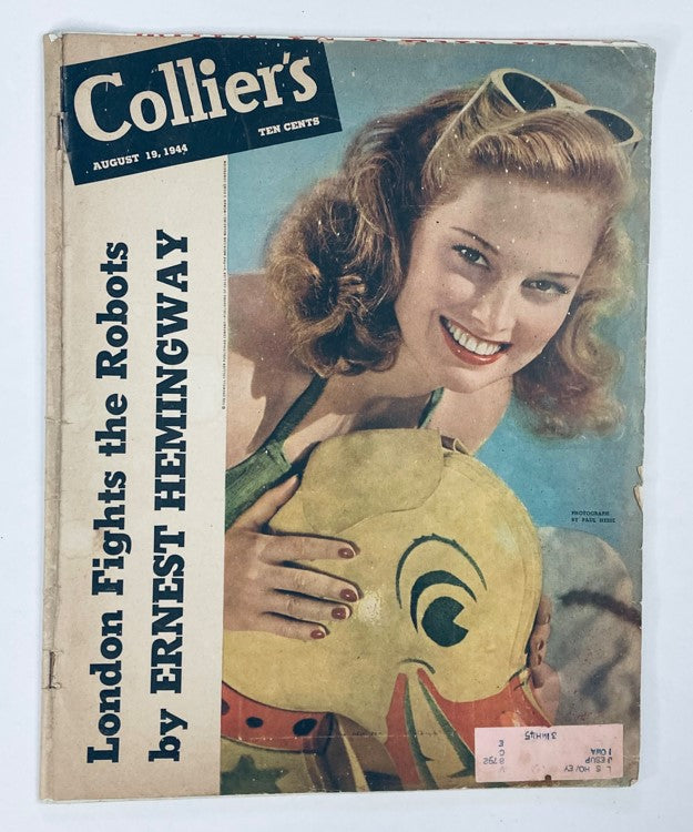 Cover of Collier's Magazine, August 19, 1944, featuring the title 'London Fights the Robots' by Ernest Hemingway, showcasing a smiling woman in a swimsuit holding a yellow swimming cap.