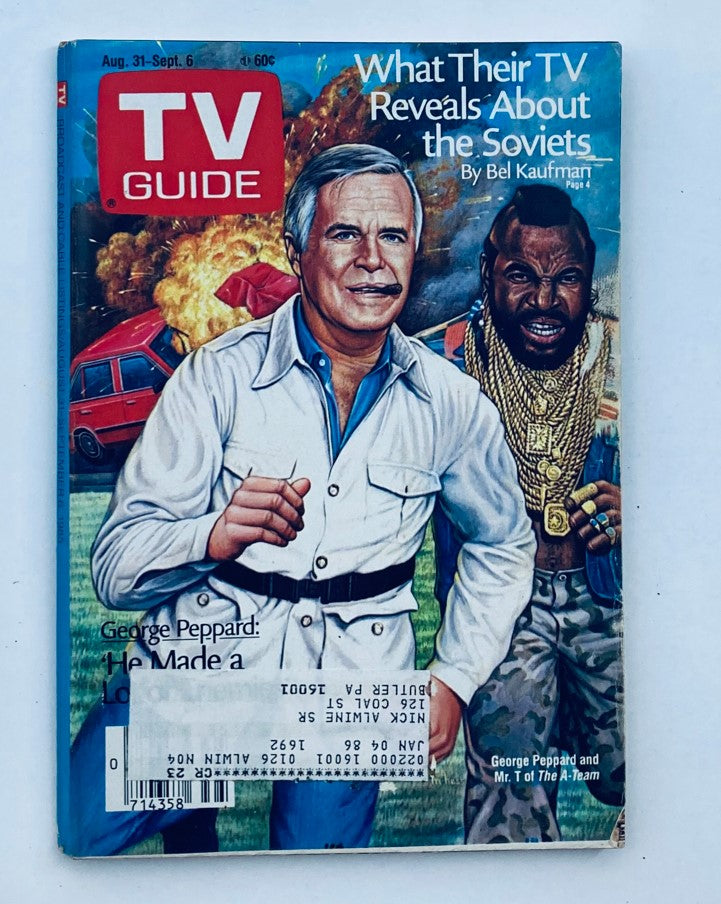 TV Guide Magazine August 31 1985 cover featuring George Peppard and Mr. T, highlighting an article on television's portrayal of the Soviets.