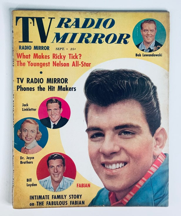VTG TV Radio Mirror Magazine September 1959 cover featuring Fabian, Bob Lewandowski, Dr. Joyce Brothers, and Jack Linkletter showcasing retro television and music culture.