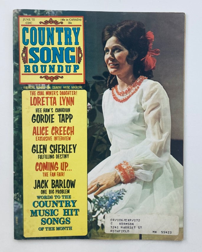 Cover of VTG Country Song Roundup Magazine June 1972 featuring Loretta Lynn known for 'Coal Miner's Daughter'. The cover includes headlines about other artists and articles on country music.