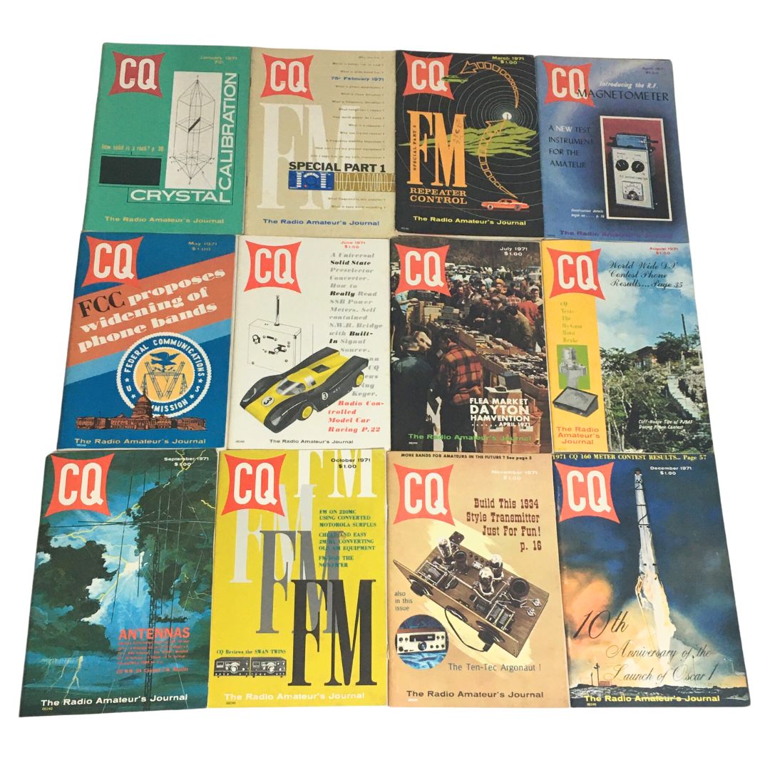 Lot of 12 Complete January to December 1971 CQ The Radio Amateur's Journal covers featuring various articles and topics related to amateur radio.