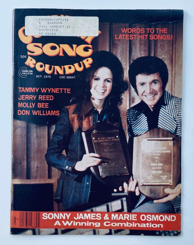 Cover of the VTG Country Song Roundup Magazine from October 1975 featuring Sonny James and Marie Osmond, showcasing the retro design and headlines highlighting country music stars.