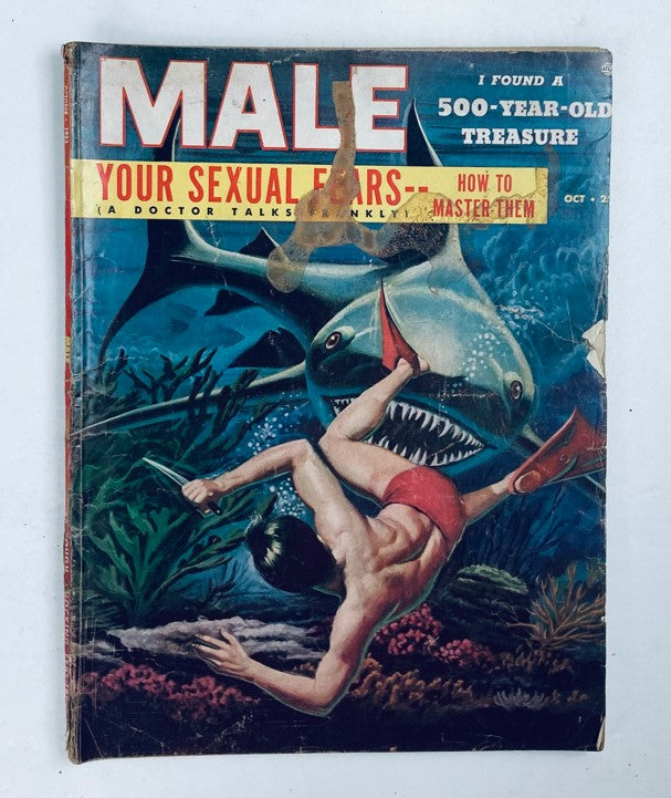VTG Male Magazine October 1953 Vol 3 No. 10 cover featuring an illustration of a swimmer facing a shark, highlighting the article about sexual fears.