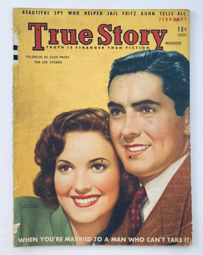 Cover of VTG True Story Magazine, February 1940, Vol 42 No 1 featuring Linda Powell and Tyrone Power, highlighting vintage storytelling with a colorful design.