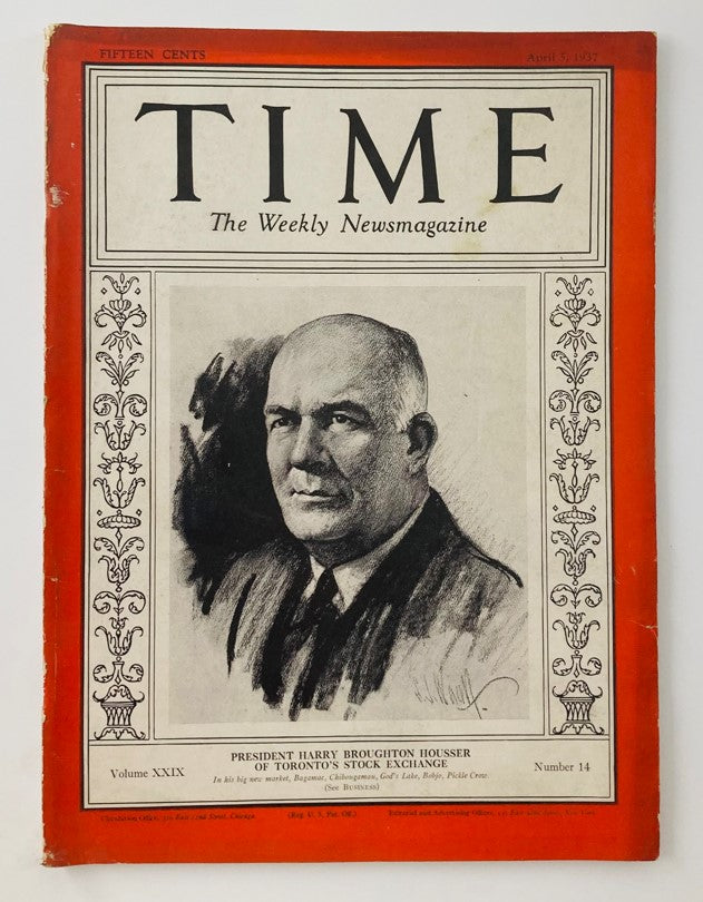 Cover of VTG Time Magazine April 5, 1937, featuring Harry Broughton Housser, President of Toronto's Stock Exchange, illustrated portrait.