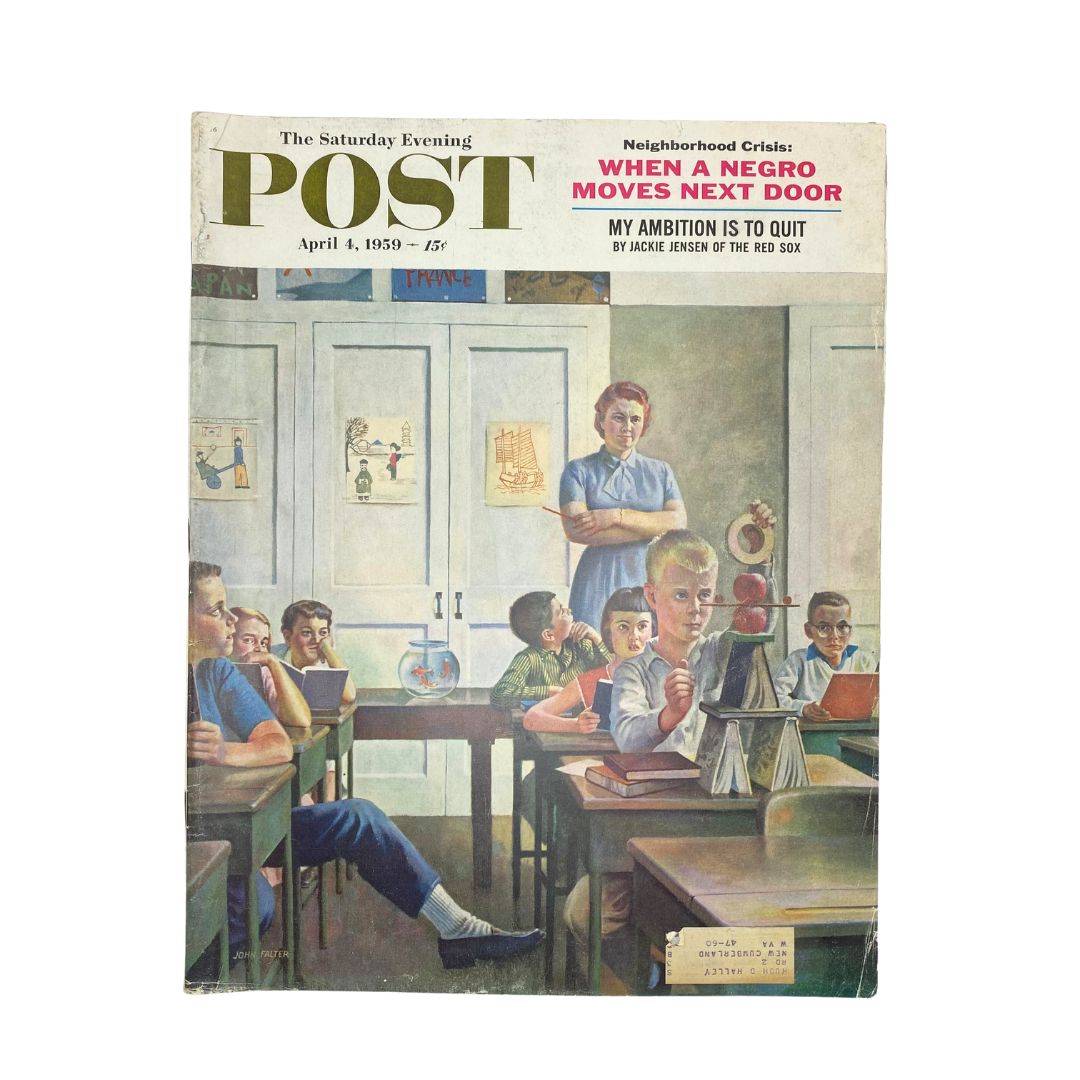 Cover of the Saturday Evening Post Magazine April 4 1959 featuring illustration by John Falter titled Johnny Genius, depicting children in a classroom setting.