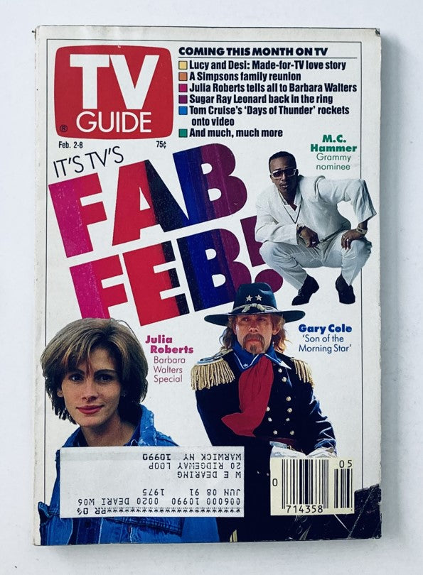 TV Guide Magazine Cover - February 2, 1991 featuring Julia Roberts and Gary Cole, with highlights on upcoming TV shows and events of the early 90s.