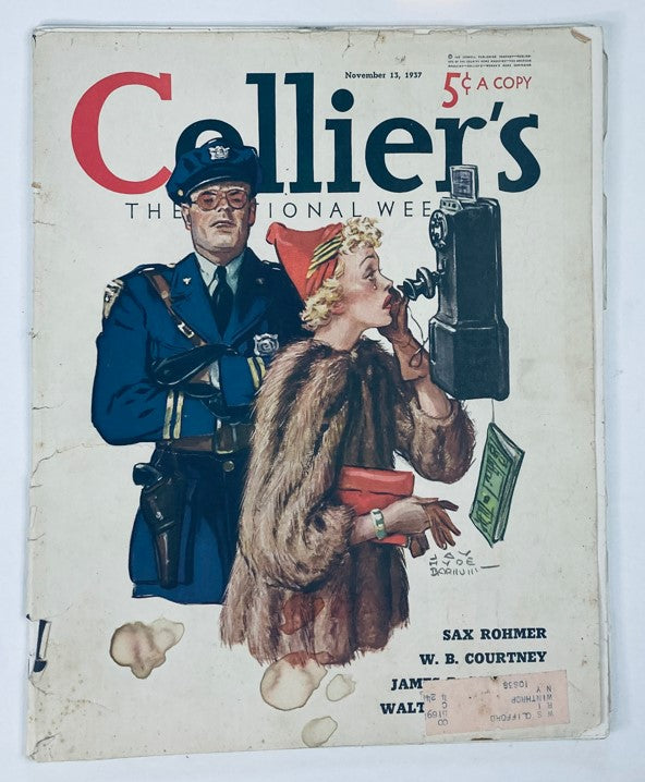 Cover of VTG Collier's Magazine from November 13, 1937 featuring a police officer and a woman at a payphone, showcasing the story 'Tunnel of the Apes' by Sax Rohmer.
