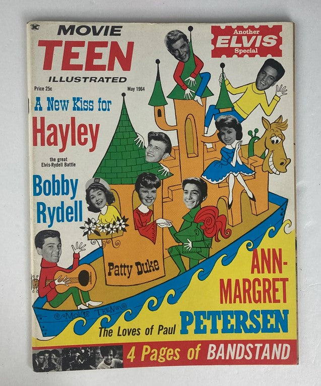 Cover of VTG Movie Teen Illustrated Magazine May 1964 featuring Bobby Rydell and Patty Duke on a colorful boat with whimsical characters, showcasing iconic 1960s pop culture.