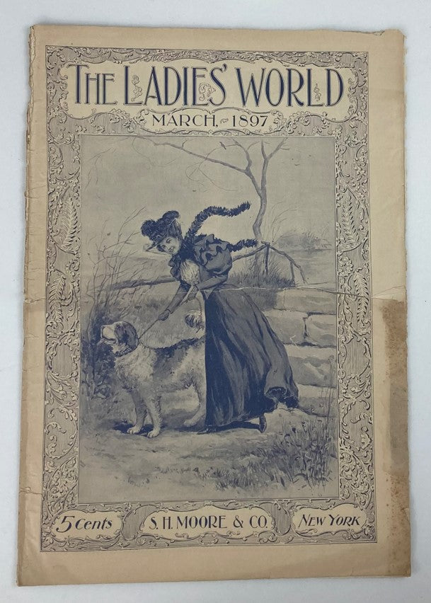 Cover of VTG The Ladies World Magazine March 1897 No. 207, featuring an illustration of a woman walking a dog, highlighting vintage magazine aesthetics and historical context.