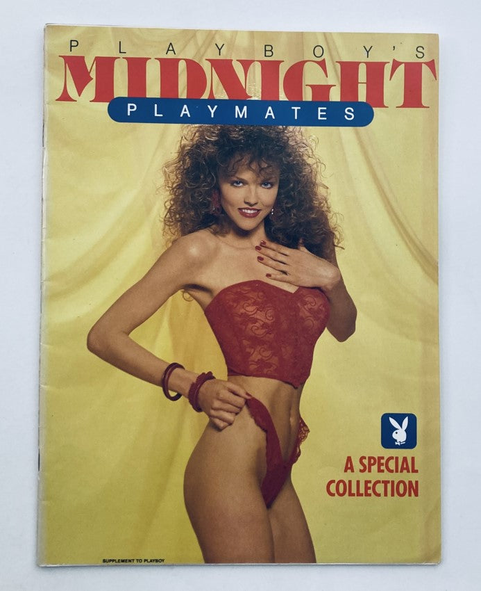 VTG 1990 Playboy's Midnight Playmates Covergirl featuring Suzi Schott in a red outfit, showcasing vintage glamour and iconic beauty on the cover.