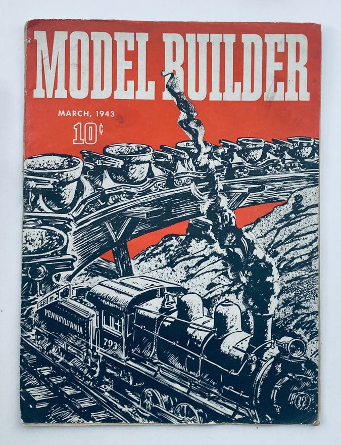 Cover of VTG Model Builder Magazine from March 1943, Vol 7 #38, featuring an illustration of a steam locomotive and railway tracks, showcasing the vintage style and model building theme.