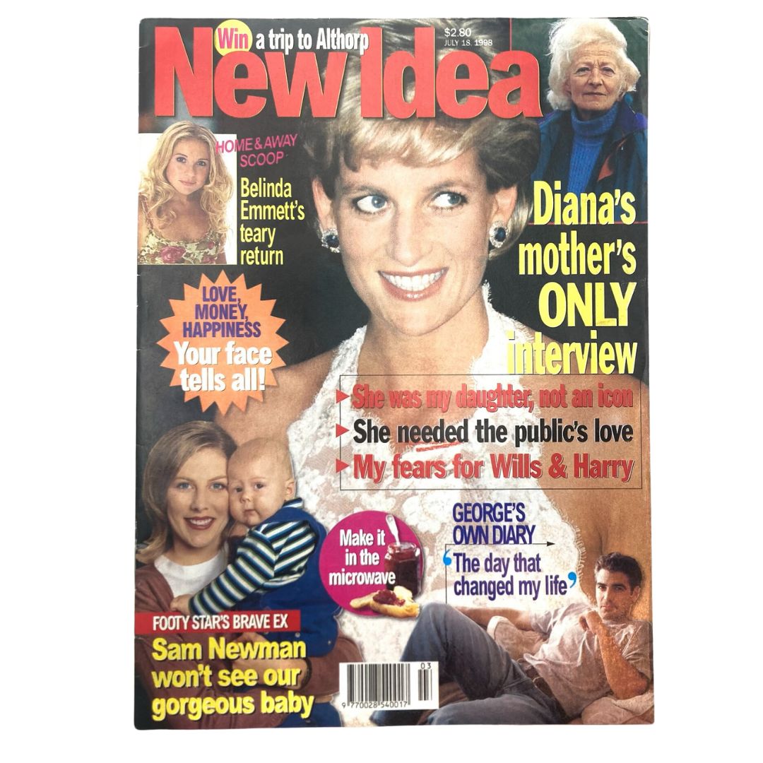 Cover of New Idea Magazine from July 18, 1998 featuring Princess Diana, Belinda Emmett, and a teaser for Diana's mother's exclusive interview.