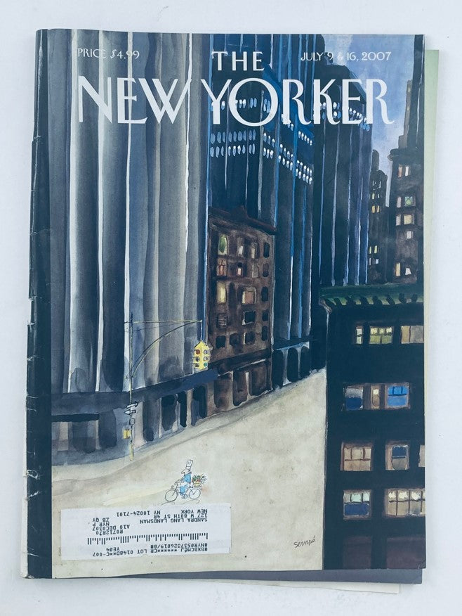 The New Yorker Full Magazine July 9 2007 featuring the cover artwork 'Fresh Produce' by Jean-Jacques Sempé, showcasing a nighttime city scene with buildings and street elements.