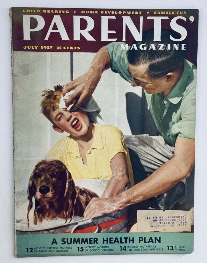Cover of VTG Parents' Magazine from July 1937, Volume 12, Number 7, featuring a child in a summer setting receiving a health check with water, accompanied by a dog. This issue highlights a Summer Health Plan.