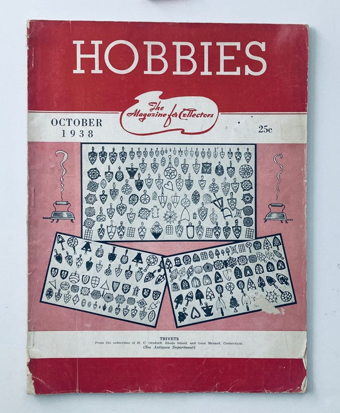 Cover of VTG Hobbies Magazine from October 1938 featuring a collection of trivets by Gene Menard, showcasing traditional designs and vintage style.
