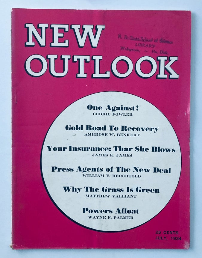 VTG New Outlook Magazine July 1934 cover featuring bold pink design, article titles including 'Your Insurance: Thar She Blows', and a vintage aesthetic.