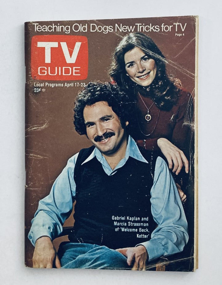TV Guide Magazine from April 17, 1976 featuring Gabriel Kaplan and Marcia Strassman on the cover, promoting local TV programs. It's in pristine condition for its age, showcasing nostalgic television history.