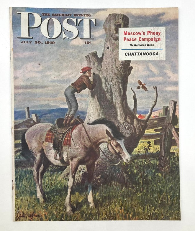 Illustrated cover of Saturday Evening Post Magazine from July 30, 1949, featuring artwork by David Clymer, depicting a cowboy on horseback by a tree stump.