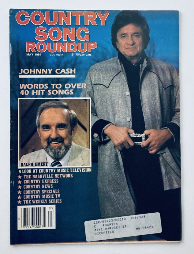 Country Song Roundup Magazine cover from May 1986 featuring Johnny Cash and Ralph Emery. This collectible issue highlights iconic figures in country music.