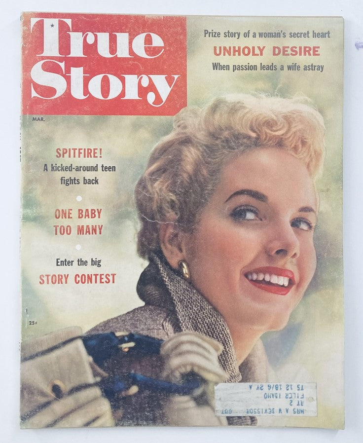 Cover of VTG True Story Magazine March 1957 featuring the title 'Living Proof of Our Sin', showcasing a smiling woman with blonde hair, capturing the essence of mid-20th-century pop culture.