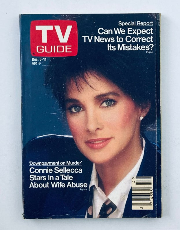 TV Guide Magazine cover from December 5, 1987 featuring Connie Sellecca, with the title 'Downpayment on Murder' and a special report on TV news accuracy.