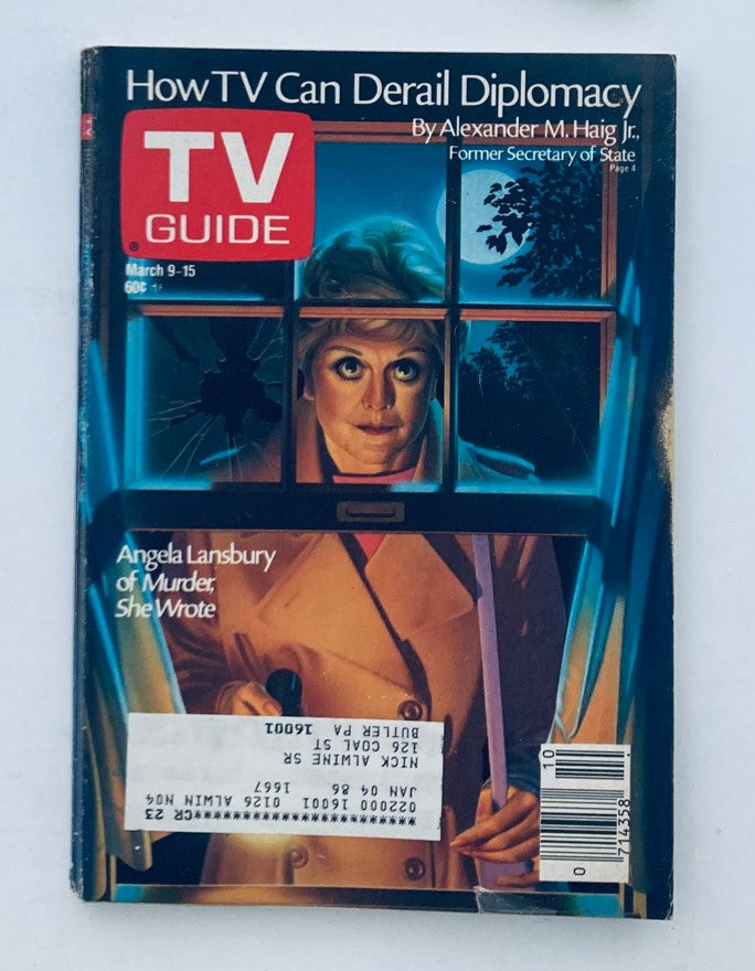 TV Guide Magazine from March 9, 1985 featuring Angela Lansbury on the cover. The article discusses the influence of television on diplomacy. The cover showcases a dramatic illustration of Lansbury in a coat, peering through a window, holding a flashlight, exemplifying her role in 'Murder, She Wrote.' Perfect for collectors of vintage TV memorabilia.