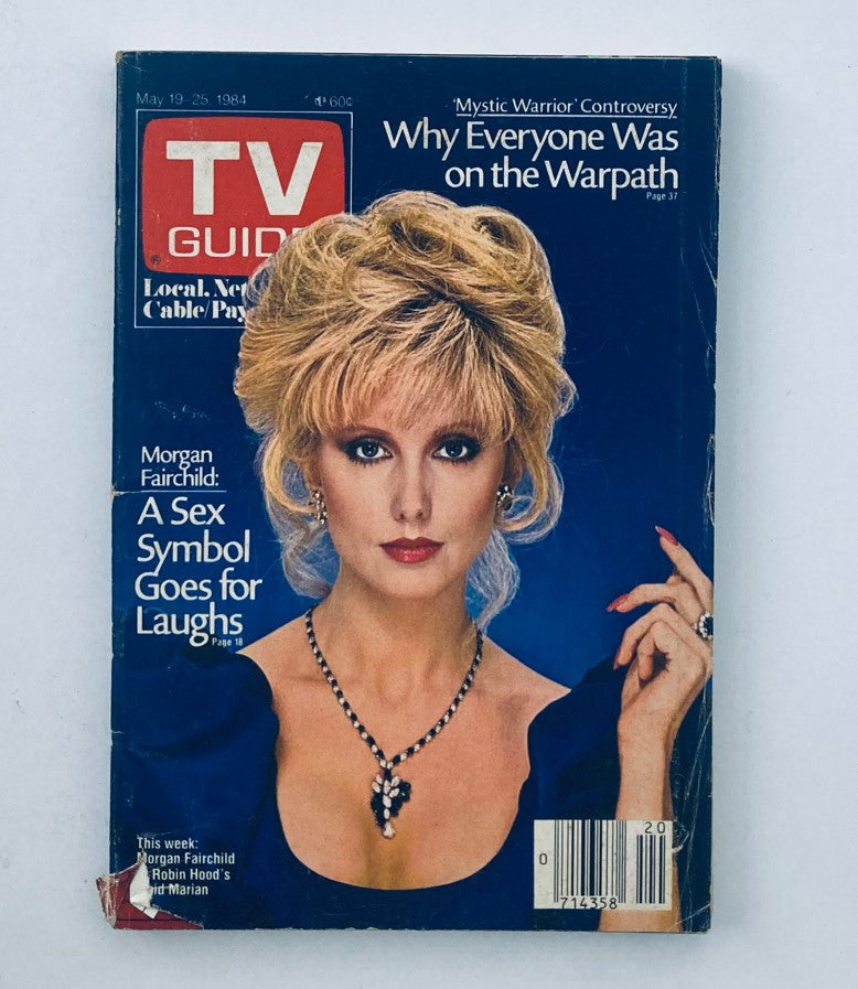 TV Guide Magazine cover from May 19, 1984 featuring Morgan Fairchild, titled 'A Sex Symbol Goes for Laughs'. This vintage magazine showcases classic television and is a collectible item for nostalgia enthusiasts.