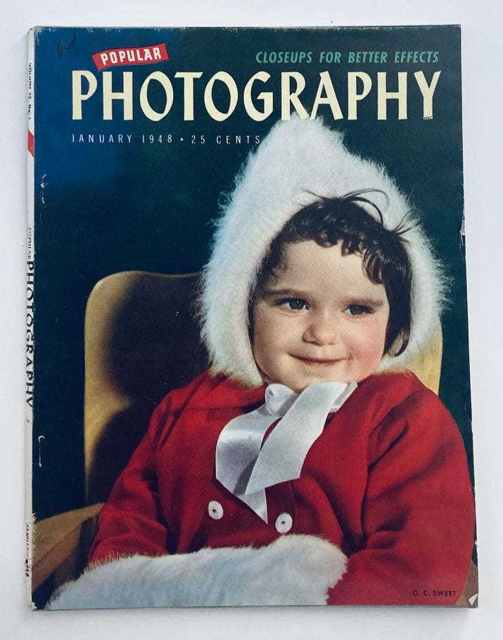 VTG Popular Photography Magazine January 1948, Volume 22, Issue #1 featuring a young child in a red jacket and white hat on the cover, showcasing closeup effects in photography.