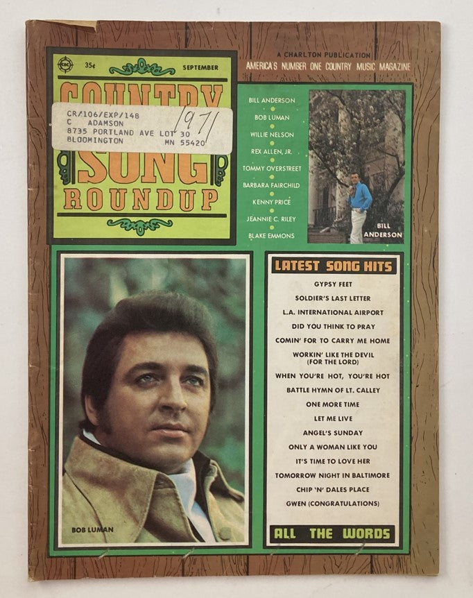 Cover of VTG Country Song Roundup Magazine September 1971 featuring Bob Luman and Bill Anderson, showcasing country music artists and song hits.