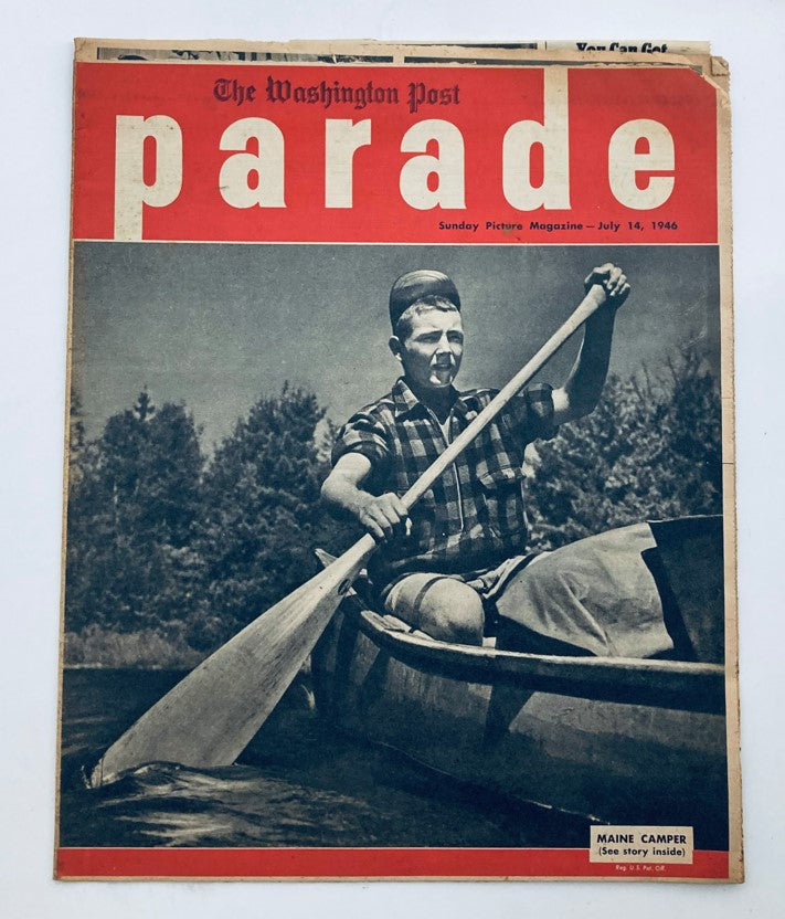 Cover of the Parade Newspaper Magazine from the Washington Post, dated July 14, 1946, featuring a young boy kayaking, representing the theme 'Maine Camper'.