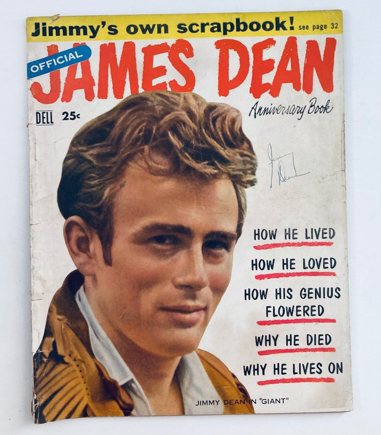 Cover of VTG 1956 James Dean Official Anniversary Book featuring a portrait of James Dean with text elements discussing his life, love, and legacy.