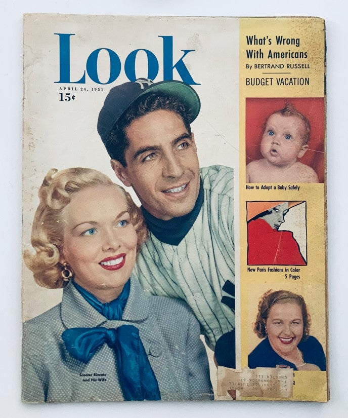 VTG Look Magazine April 24 1951 Cover featuring Scooter Rizzuto and his wife, showcasing articles on societal trends.