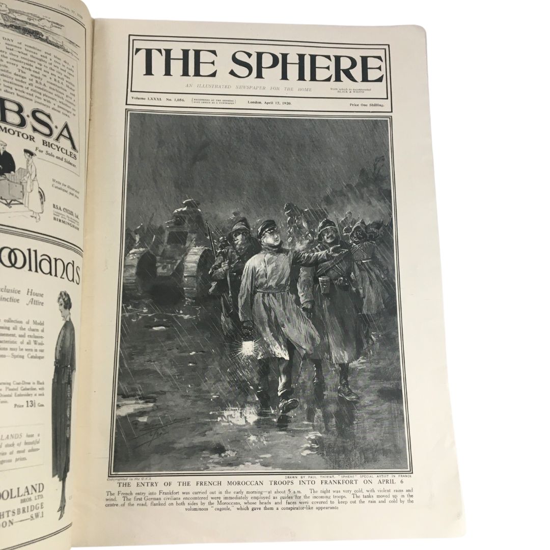 The Sphere Newspaper April 17 1920 featuring an illustration of French Moroccan troops entering Frankfort, showcasing a significant historical moment.