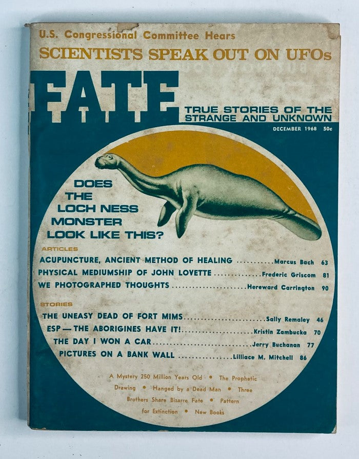 Cover of VTG Fate Magazine December 1968 Vol 21 No. 12 featuring illustrations on topics like the Loch Ness Monster and UFOs.