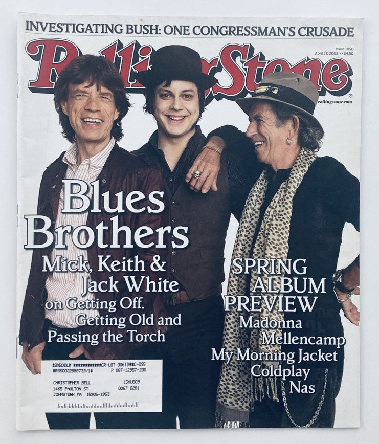 Rolling Stone Magazine April 17 2008 Issue 1050 featuring Mick Jagger, Jack White, and Keith Richards on the cover, showcasing the vibrant spirit of rock music.