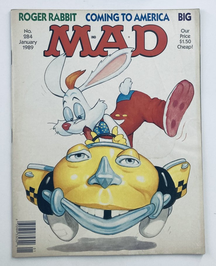 Mad Magazine January 1989 No. 284 featuring Roger Rabbit on the cover, showcasing the vibrant animation style of the late 1980s with the iconic character in a humorous design.
