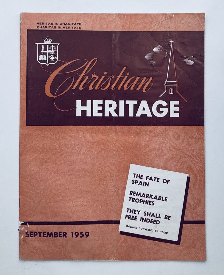 Vintage Christian Heritage Magazine September 1959 cover featuring the title 'The Fate of Spain' with decorative lettering, displaying historical themes relevant to religious and socio-political discussions.
