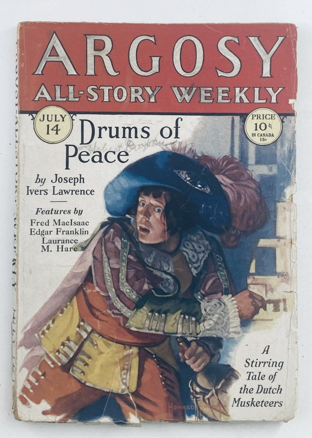VTG Argosy Magazine July 14 1928 featuring the cover art for 'Drums of Peace' by Joseph Ivers Lawrence, showcasing a dramatic scene with a character in historical attire.