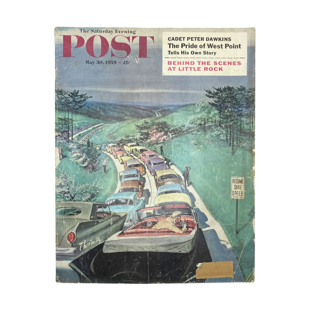 Cover of Saturday Evening Post Magazine May 30 1959 featuring Super Fastways artwork by Thornton Utz, depicting a scenic road with colorful cars.