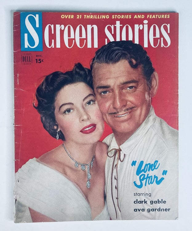 Vintage Screen Stories Magazine December 1951, Volume 46, No. 6 featuring iconic stars Clark Gable and Ava Gardner on the cover, showcasing Hollywood's Golden Age.