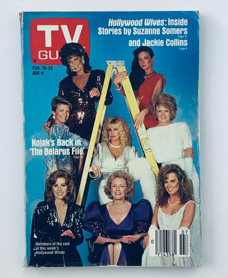 TV Guide Magazine February 16 1985 featuring Jackie Collins on the cover, showcasing Hollywood Wives with multiple female celebrities, representing vintage television culture and nostalgia.
