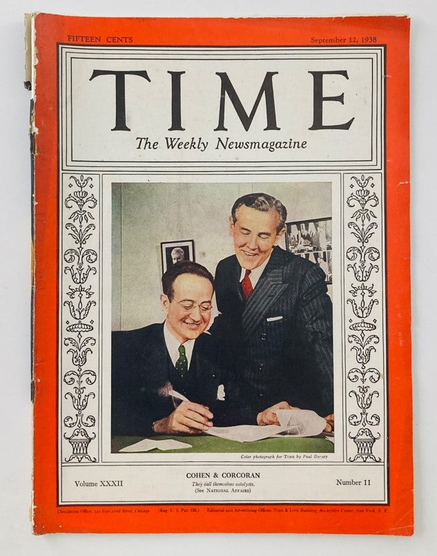 VTG Time Magazine September 12 1938 featuring a cover image of Thomas G. Corcoran and Benjamin V. Cohen, showcasing the magazine's vintage artwork and historical significance.