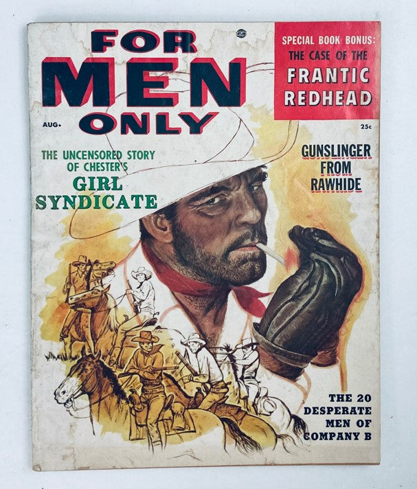 Cover of VTG For Men Magazine August 1956 Vol 3 No. 8 featuring the theme 'Girl Syndicate', showcasing a rugged man with a cigarette, artistic illustrations of cowboys, and headlines including 'Special Book Bonus' and 'The Case of the Frantic Redhead'.