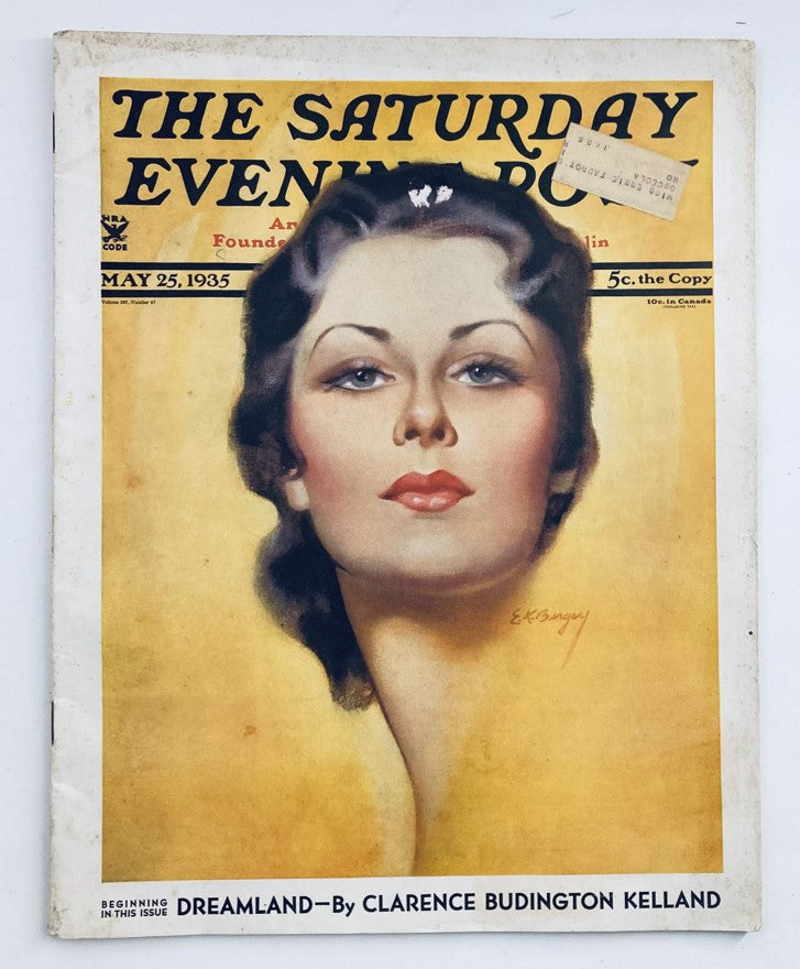 Cover of The Saturday Evening Post Magazine dated May 25, 1935, featuring the artwork titled 'The Hidden Rooster' with a portrait of a woman.