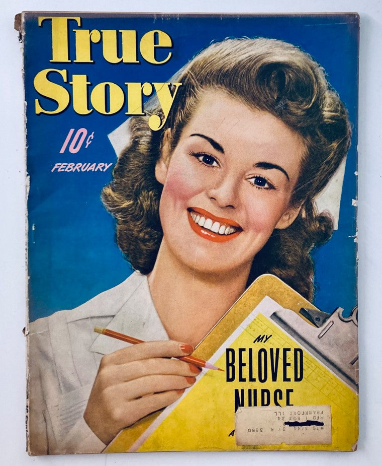 Vintage True Story Magazine cover from February 1943, Volume 48 No. 1 featuring the title 'My Beloved Nurse' and a smiling woman holding a clipboard.
