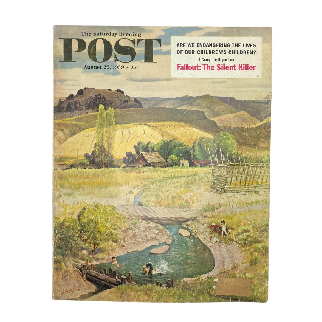 Cover of Saturday Evening Post Magazine August 29 1959 featuring late-summer day artwork by John Clymer, depicting children playing by a stream in a scenic landscape.