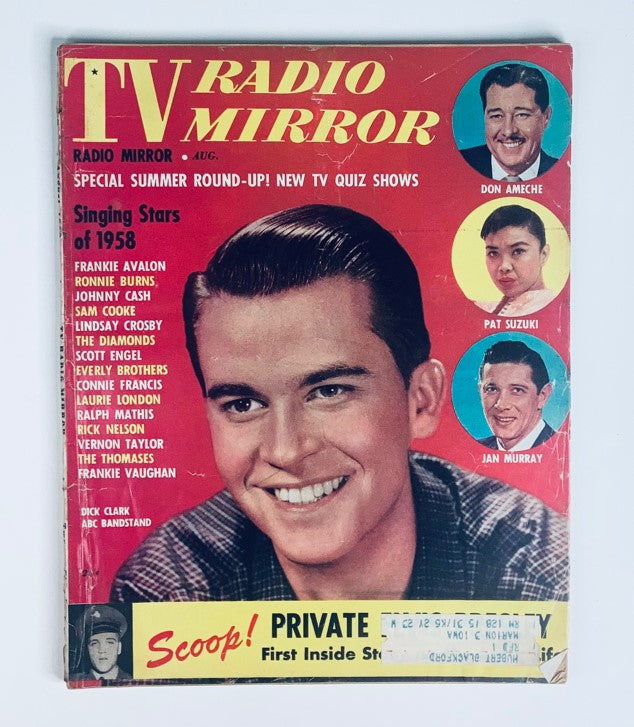 VTG TV Radio Mirror Magazine August 1958 Vol 50 #3 featuring Dick Clark and Don Ameche on the cover, showcasing vibrant colors and classic entertainment personalities from the golden age of television.