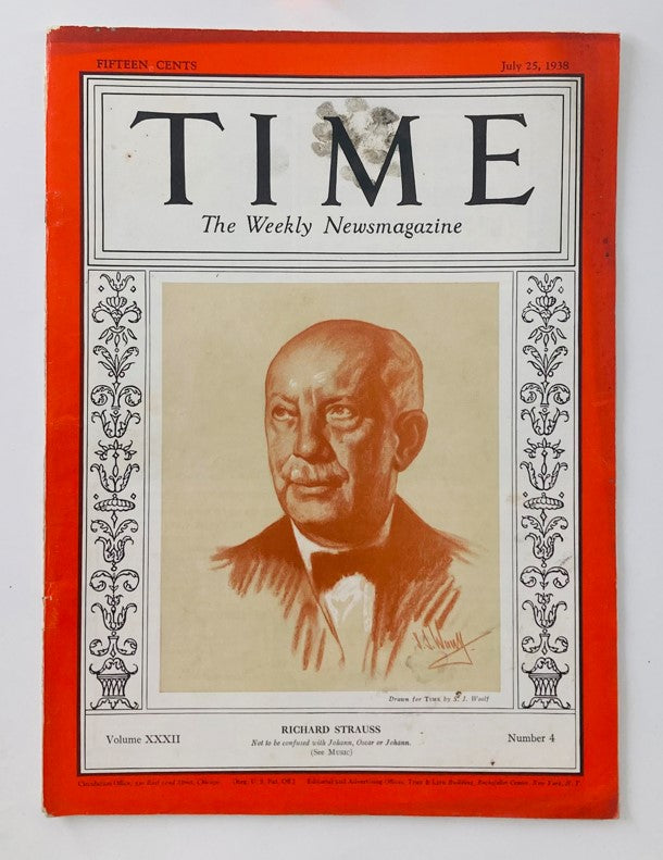 Cover of VTG Time Magazine July 25 1938 featuring German conductor Richard Strauss, Volume 32 Number 4.